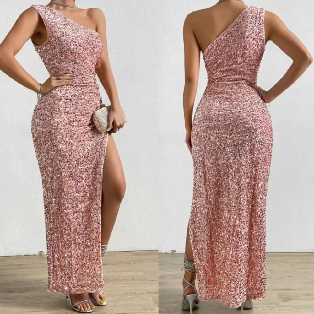 Luxe blue one shoulder slit thigh party formal evening sequins dress - Picture 6 of 16
